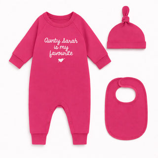 Personalised “My Favourite” Organic Babygrow Gift Set (Babygrow + Hat + Bib)