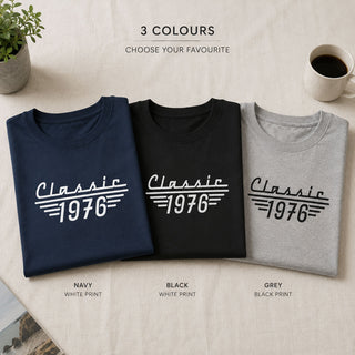 Personalised year of birth t shirt available in navy black and grey
