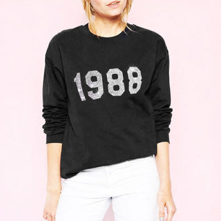 Personalised birth year sweatshirt with hand-printed glitter design, fair-trade cotton blend birthday gift