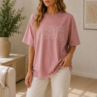 Personalised year of birth oversized organic t-shirt in pink featuring vintage 1996 design