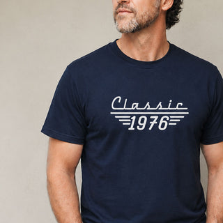 Man wearing personalised year of birth classic birthday t shirt