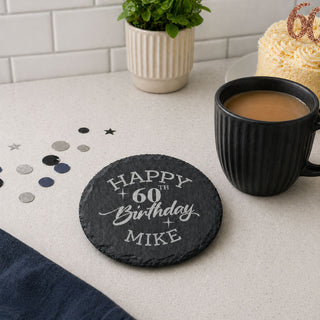 Personalised slate coaster for men engraved with name and age, ideal birthday gift for milestone celebrations