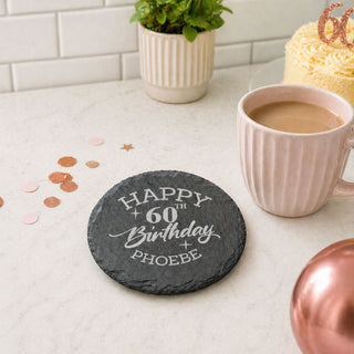 Personalised slate coaster engraved with happy birthday message, custom name and age gift for milestone birthday celebration