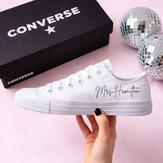 Personalised white Converse wedding shoes with bride name Mrs Hamilton custom bridal trainers