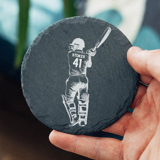 Personalised engraved slate coaster with cricket player design, custom name and number gift for cricket fan birthday