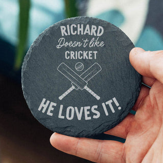 Personalised engraved cricket slate coaster with cricket bat design and custom name, ideal gift for cricket lovers and players.