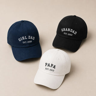 Personalised Father’s Day caps in navy black and white featuring Girl Dad Grandad and Papa printed designs with EST years