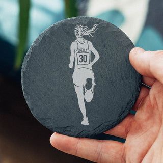 Personalised slate coaster with engraved female runner design, custom name and age gift for runner or fitness enthusiast
