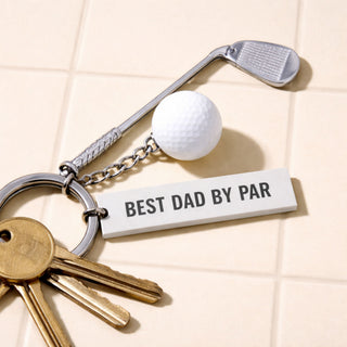 Personalised golf club keyring with Best Dad By Par engraving and golf ball charm