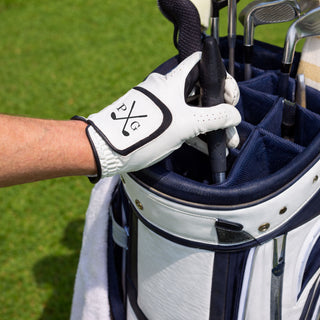 Personalised leather golf glove with initials on left hand for right handed golfer