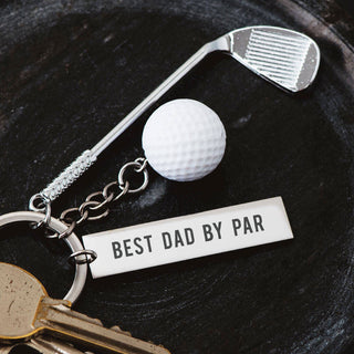 Personalised golf club keyring with Best Dad By Par engraving and golf ball detail
