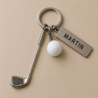 personalised engraved golf keyring with golf club and ball charm