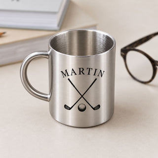 	Silver stainless steel golf mug personalised with Martin and crossed golf clubs