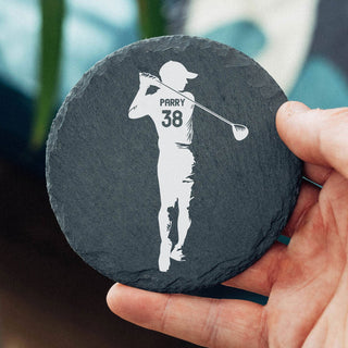 Personalised golf slate coaster engraved with name and number golfer silhouette design