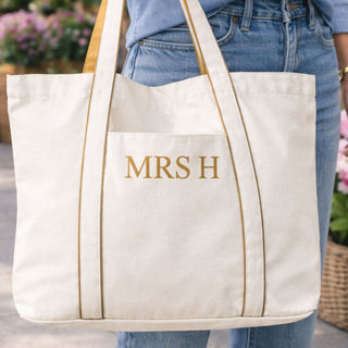 personalised canvas tote bag with name in matte gold lettering large everyday shopper bag
