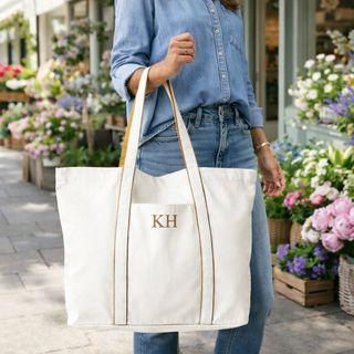 personalised monogram canvas tote bag with gold initials luxury shopper bag for women