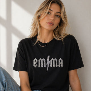 Personalised glitter name t-shirt with custom lightning text design black tee with sparkling name print