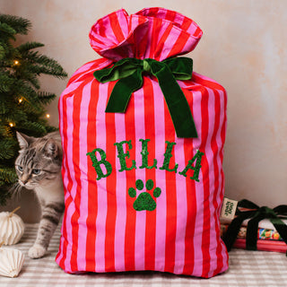Personalised Red & Pink Pet Paw Striped Christmas Sack