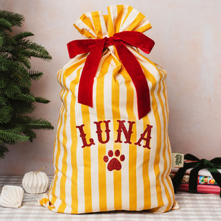 Personalised Yellow Striped Pet Paw Christmas Sack