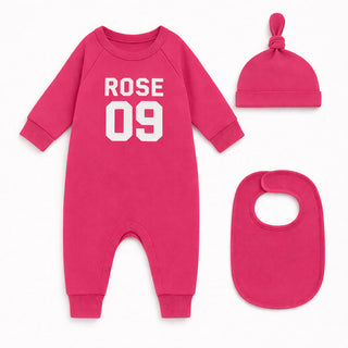 Personalised pink football style baby grow with custom name and number including matching bib and knot hat