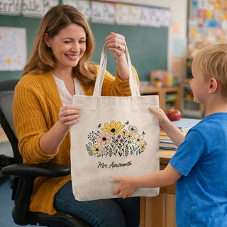 personalised teacher tote bag with name floral design thank you gift from student
