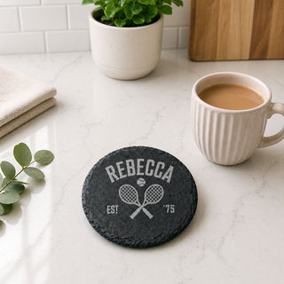 personalised slate coaster with tennis rackets and custom name and age