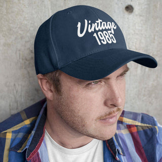 Personalised vintage birth year cap for men made from heavy drill cotton with custom year birthday design
