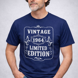 Men's navy blue personalised vintage birth year limited edition birthday t-shirt with white retro graphic print