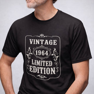 Black personalised vintage birth year limited edition birthday t-shirt for men made from organic cotton