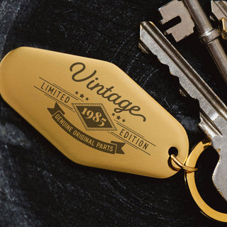 Gold stainless steel vintage birth year motel keyring design retro personalised birthday keychain