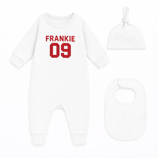 Personalised white football style baby grow with name and number set including matching bib and knot hat for newborn baby