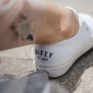 White Vans trainers personalised with Wifey Est year for bride wedding shoes