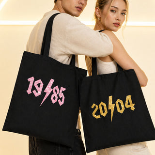 personalised year of birth glitter tote bag