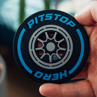 Pitstop Hero F1 racing wheel inspired drink coaster in blue – Formula 1 themed bar accessory and motorsport fan gift