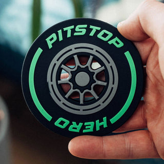 Pitstop Hero Formula 1 racing wheel style coaster in green – unique F1 inspired drink coaster for racing fans and motorsport decor