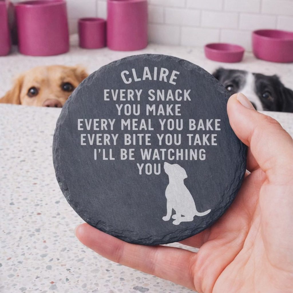 Personalised slate coaster with custom name engraving and funny dog quote design