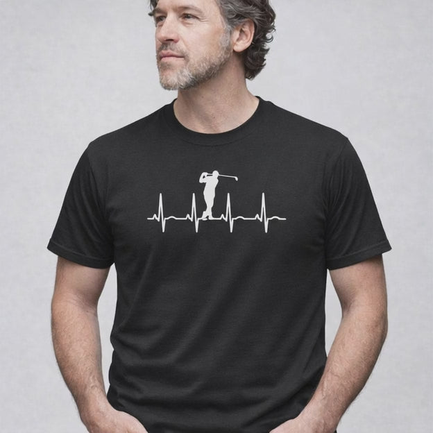 Golf lover t-shirt with heartbeat golf design worn by man, ideal golf gift for men video