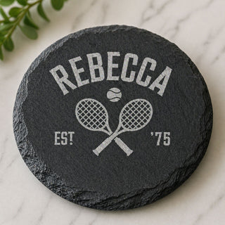 Personalised tennis slate coaster engraved with custom name and year, gift for tennis lovers and players