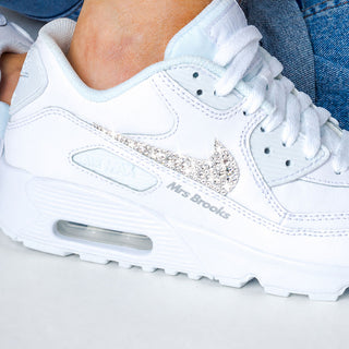White Nike Air Max bridal trainers with Swarovski crystal swoosh for wedding