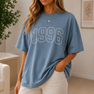 Women's organic oversized birth year t-shirt personalised with custom year print