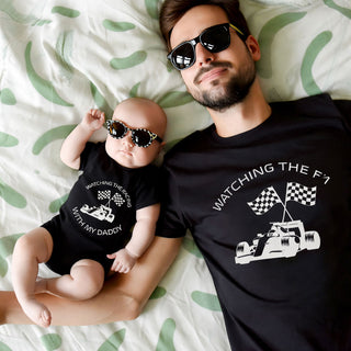 matching dad and baby watching the f1 with my daddy racing shirts with open wheel race car and checkered flags