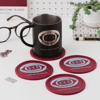 West Ham London Stadium silicone coaster with coffee mug, premium football gift idea for West Ham supporters and sports fans
